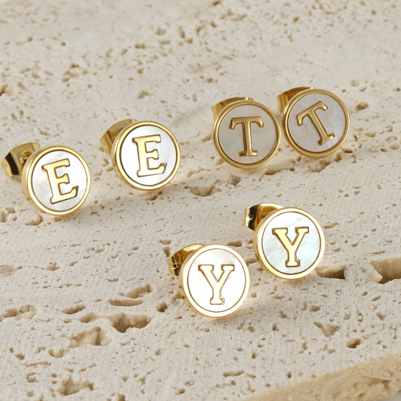 Wholesale 18K Vacuum Electroplated Titanium Steel 26 Letter Shell Earrings